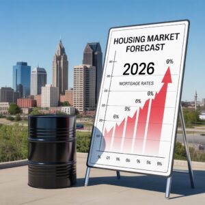 Omaha Nebraska skyline with oil barrel and mortgage rate chart showing rising prices in 2026