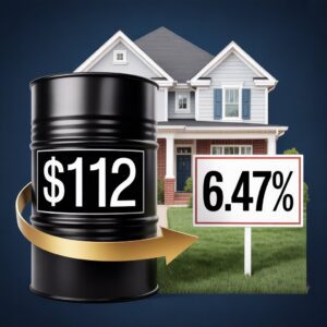 Omaha Nebraska skyline with oil barrel and mortgage rate chart showing rising prices in 2026